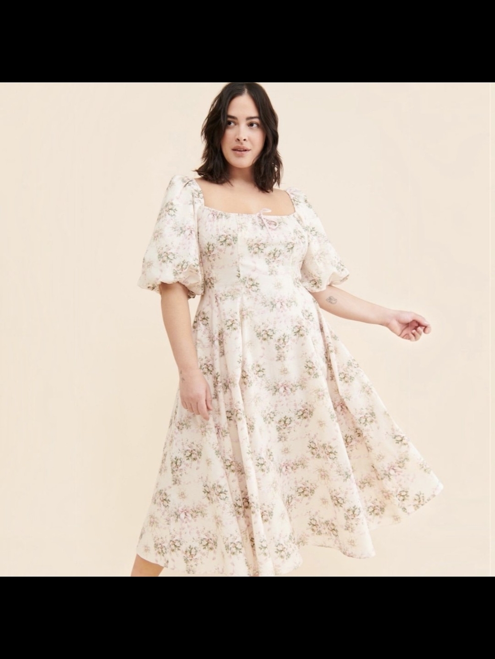 SELKIE Cream Floral Day Dress Cotton Bow Ribbon Cottagecore Prairie Plus Size 1X